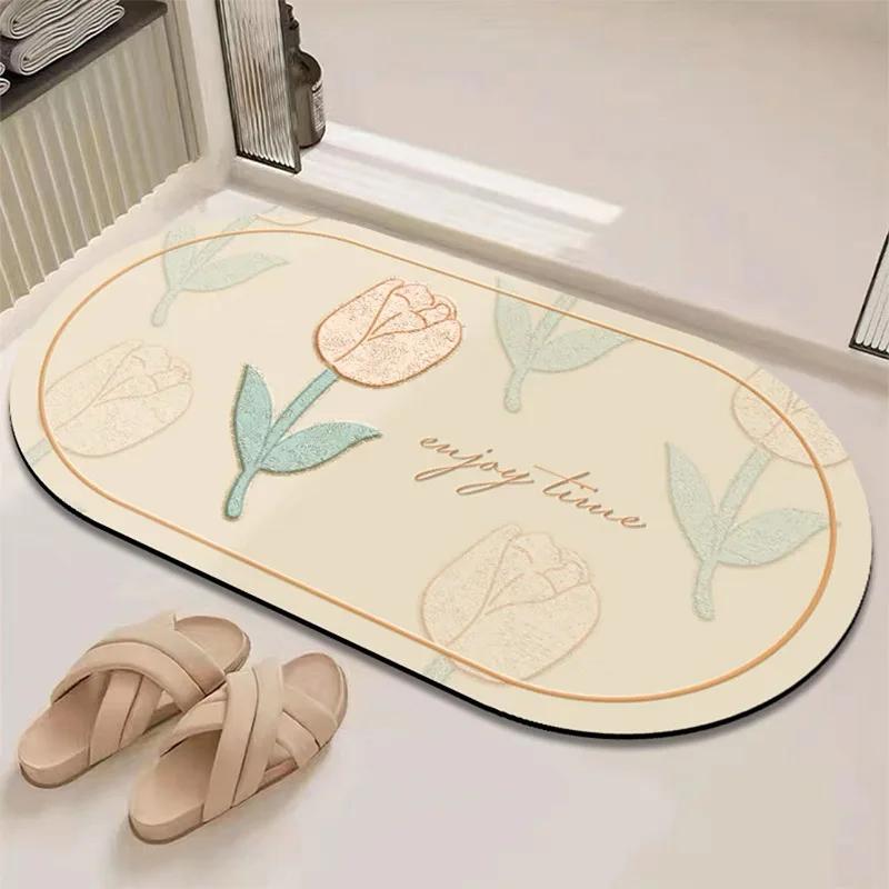 Bathroom Diatom Mud Absorbent Mat Household Fresh Flower Anti-Slip Easy Scrub Mat Bedroom Bedside Bathroom Door Mat