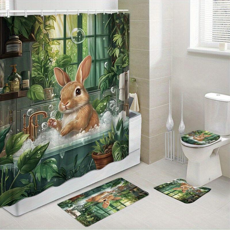 1/4 buc Set Perdea de Duș Impermeabilă Ziua de Paște de Primăvară Set Decorativ de Baie Covor Antiderapant Capac pentru Toaletă Covoraș de Baie și 12 Cârlige