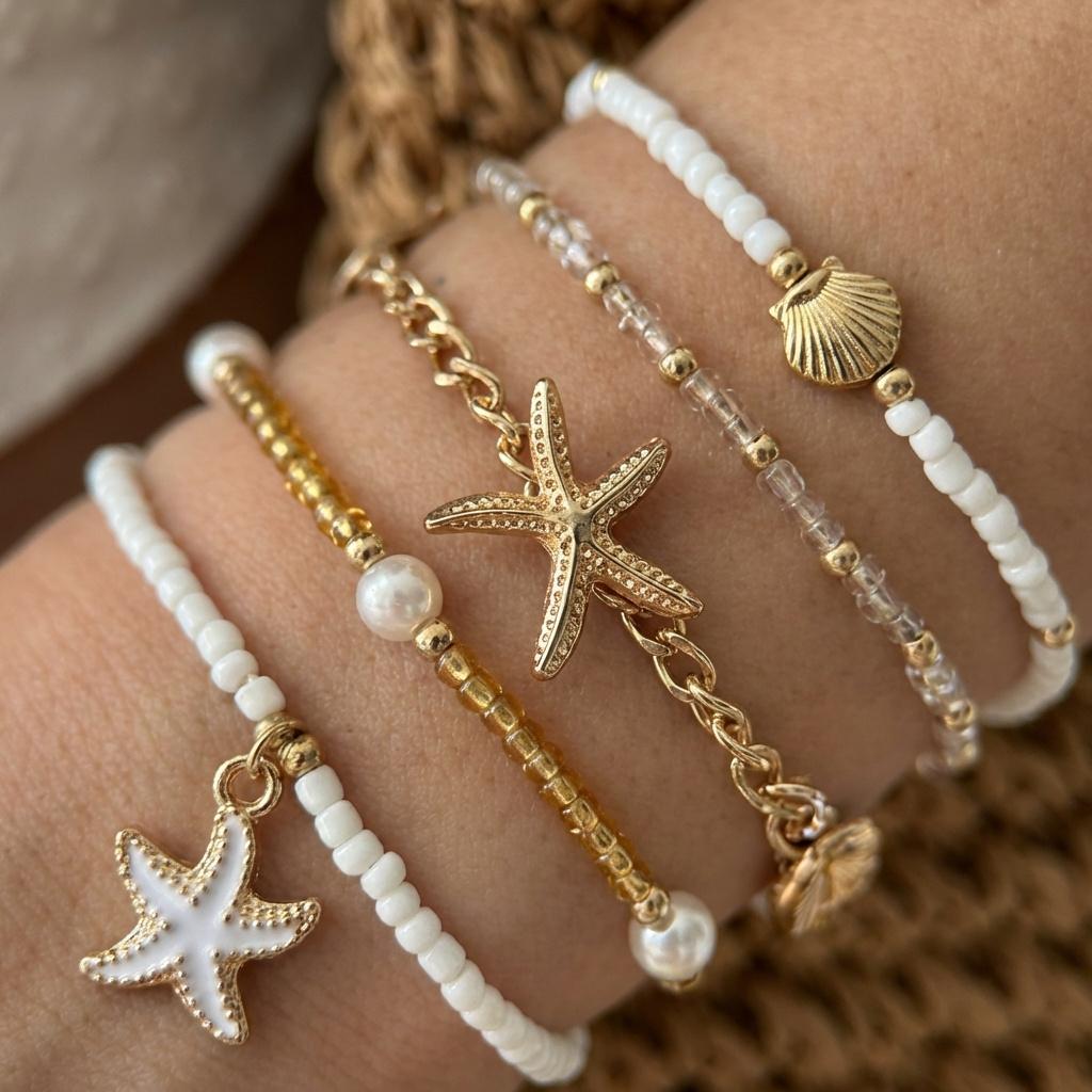 Vintage Reiskörner Stapelbare Armbänder Set für Damen Sommer Seestern Muschel Elastische Armbänder Charms Urlaub Reise Party Schmuck