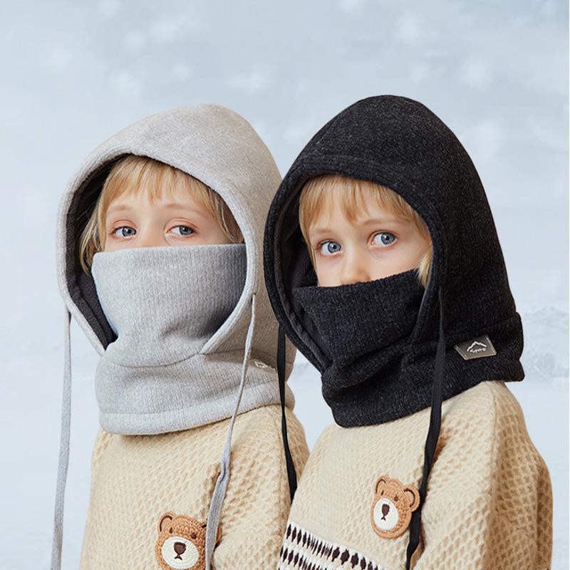 Winter Children Hat Scarf Mask One-Piece Warm Beanie Ears Neck Protection Pullover Hats for Boys Girls Fleece Lining Skiing Cap
