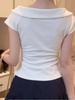 [Pure Cotton] Embroidered Doll Collar Shoulder Short Sleeve T-Shirt Women's Slim Top