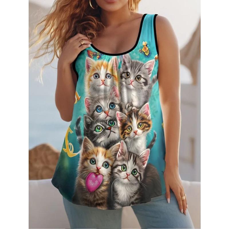 Cute Cat Prints Women's Sleeveless Vest Creative Colorful Leisure Loose Fashionable Comfortable Versatile Summer Vest