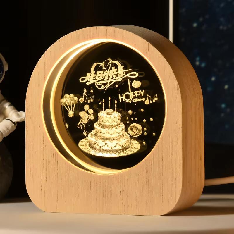 LED Crystal Ball Table Lamp Wooden Base USB Night Light 3D Rose Rain Birthday Cake Decor For Home Party Kid Gift Support Custom