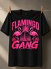 Tropical Flamingo Gang With Twin Flamingos Palm Silhouette Sunset Lines Birds Leaf Accents And Bold Unisex All Tshirt
