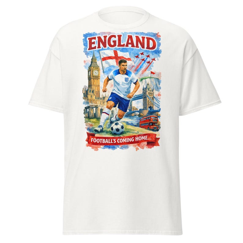England Football T-Shirt, Watercolor London Landmarks, Three Lions Soccer Tee S
