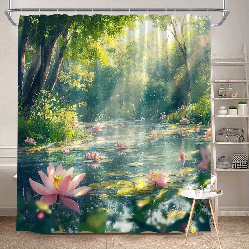 Serene Sunlit Forest Pond Shower Curtain Lotus Flowers Green Foliage Clear Water Polyester Washable with Hooks Bathroom Decor