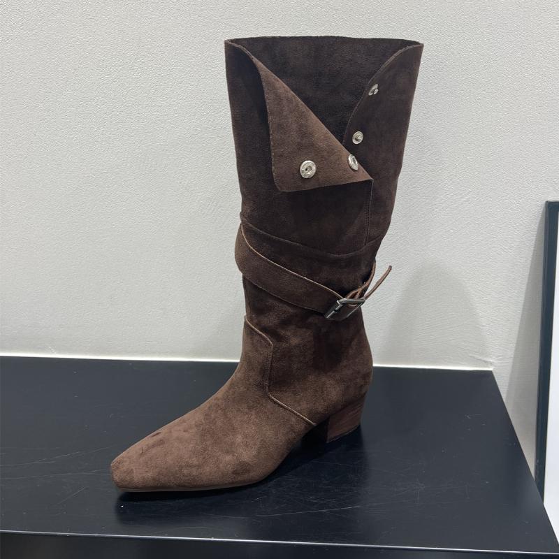

Winter Pointed Toe Suede Women High Boots Fashion Belt Buckle Slip On Shoes Concise Thick Heel Knight Long Booties 35