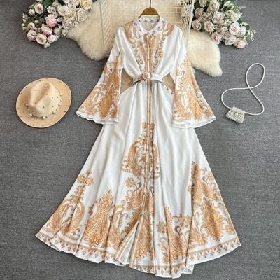 Damska sukienka maxi z nadrukiem w stylu vintage, wiosenno-jesienna, luźna, jednorzędowa, długa suknia wieczorowa