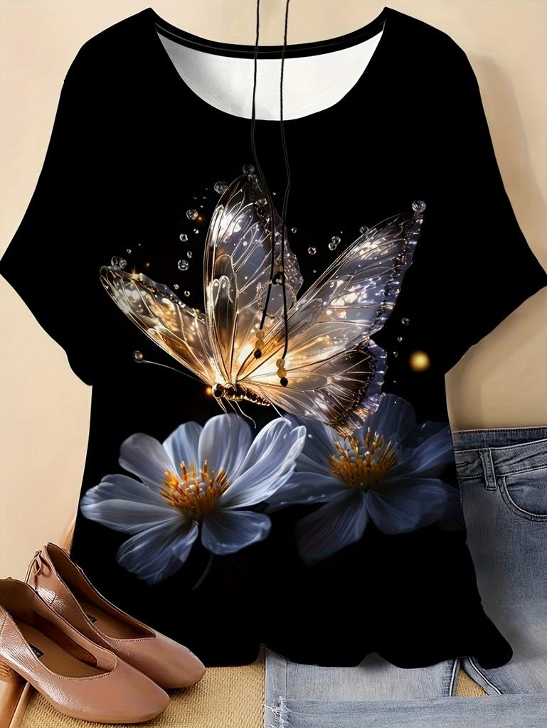 2026 Fashion 3D Butterfly Print T-Shirt for Women Summer Casual O-Neck Short Sleeve Tops Loose Summer Tees Y2k Woman Clothing