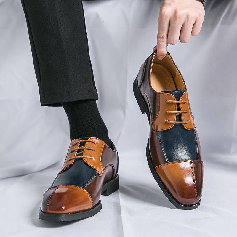 Plus Size Men's Color Block Lace-up Pointed Toe Leather Derby Shoes - Formal Business Casual British Style.