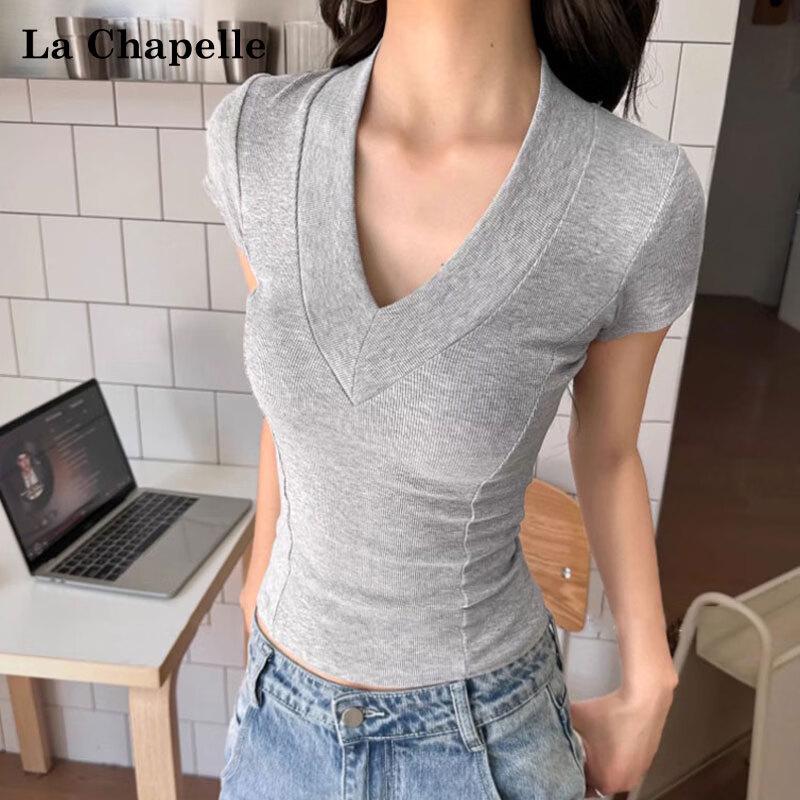 La Chapelle Women s Ribbed V-Neck Short Sleeve Slim Knit Top S