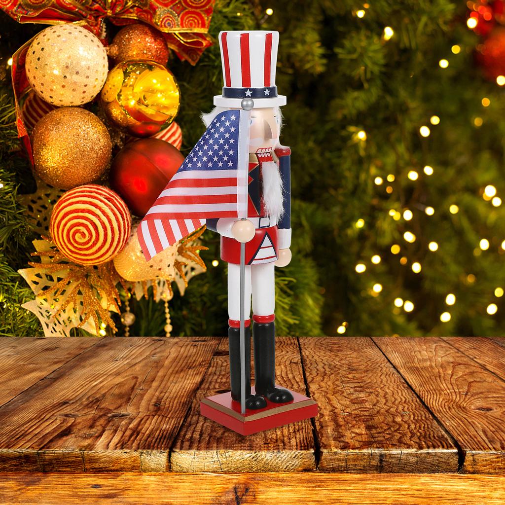 Nutcracker Soldier Statue 38cm Wooden Usa Flag American Nutcracker Traditional Christmas Decor for Shelves Tables Centerpiece