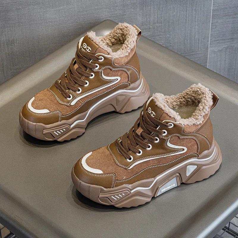 

Fashion High quality 6CM Genuine Leather Autumn Winter Warm Women Ankle Booties Spring Plush Shoes Leather Platform Boots Sneakers Wedge 40