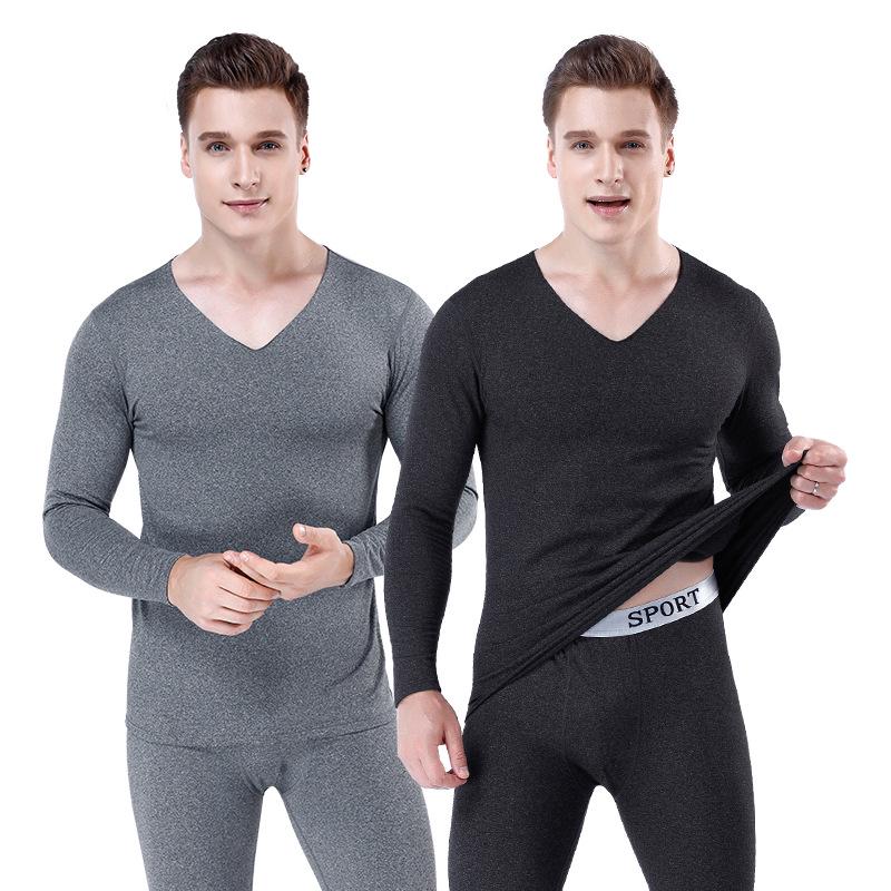 Men's Slim Fit Seamless Fleece-lined Thermal Underwear Set for Autumn