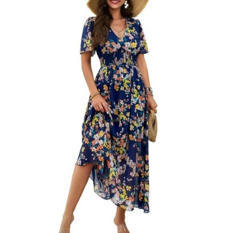 Boho Floralprint Maxikleid für Damen Sommer Strandsonnenkleid mit tiefem V-Ausschnitt Rüschenkurzarm Chiffon Langes Freizeitkleid