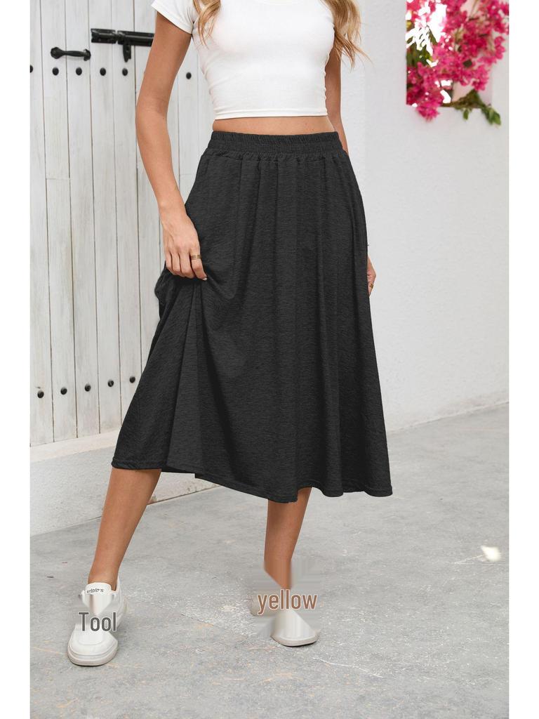 European High-Waisted Casual Midi Skirt - A-Line, Loose Fit, Draped Hem