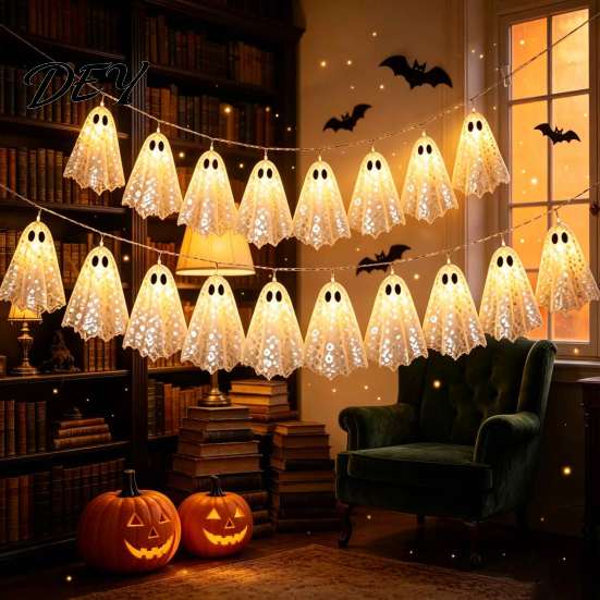Easy Install Decorative Lighting Halloween Decoration String Lights, with Sequin Fabric Decor, Battery Operated Lightweight Hanging Ghost Party Lights