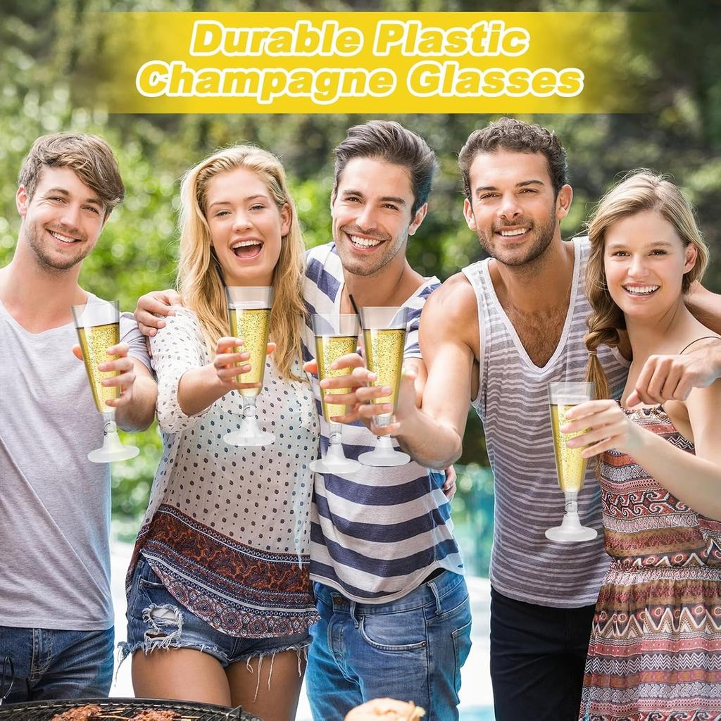 25Pcs Transparent Plastic Champagne Flutes, 150ml / 5oz Reusable Premium Cocktail Glasses, Clear Stemmed Prosecco Glasses, Elegant Party