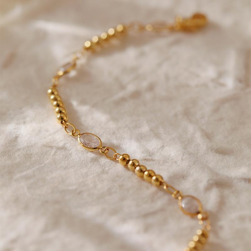 Womens Exquisite Dainty Zircon Inlaid Small Round Bead Chain Lucky Bracelet