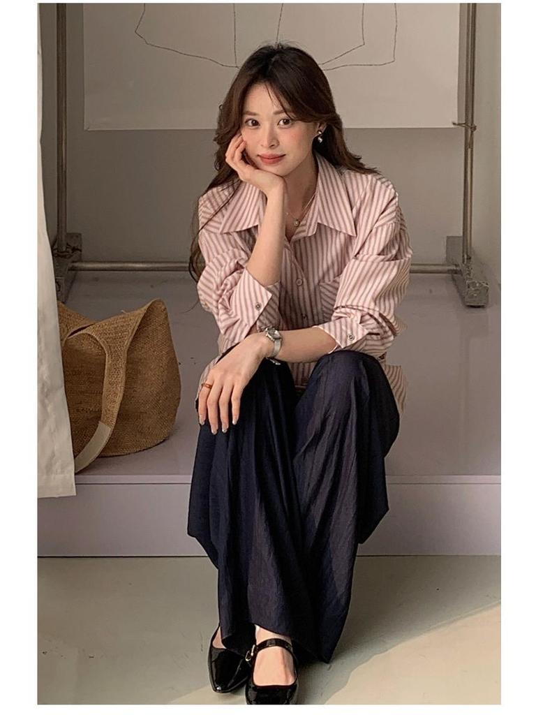 Korean Style Pink Stripe Women's Loose Tie-Waist Casual Long Sleeve Shirt