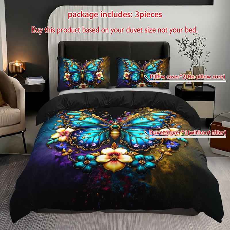 3Pcs Bohemian Butterfly Bedding Duvet Cover Set Luxury Butterfly Bedding Quilt Set Butterfly Themed Elegant Bedroom Decor