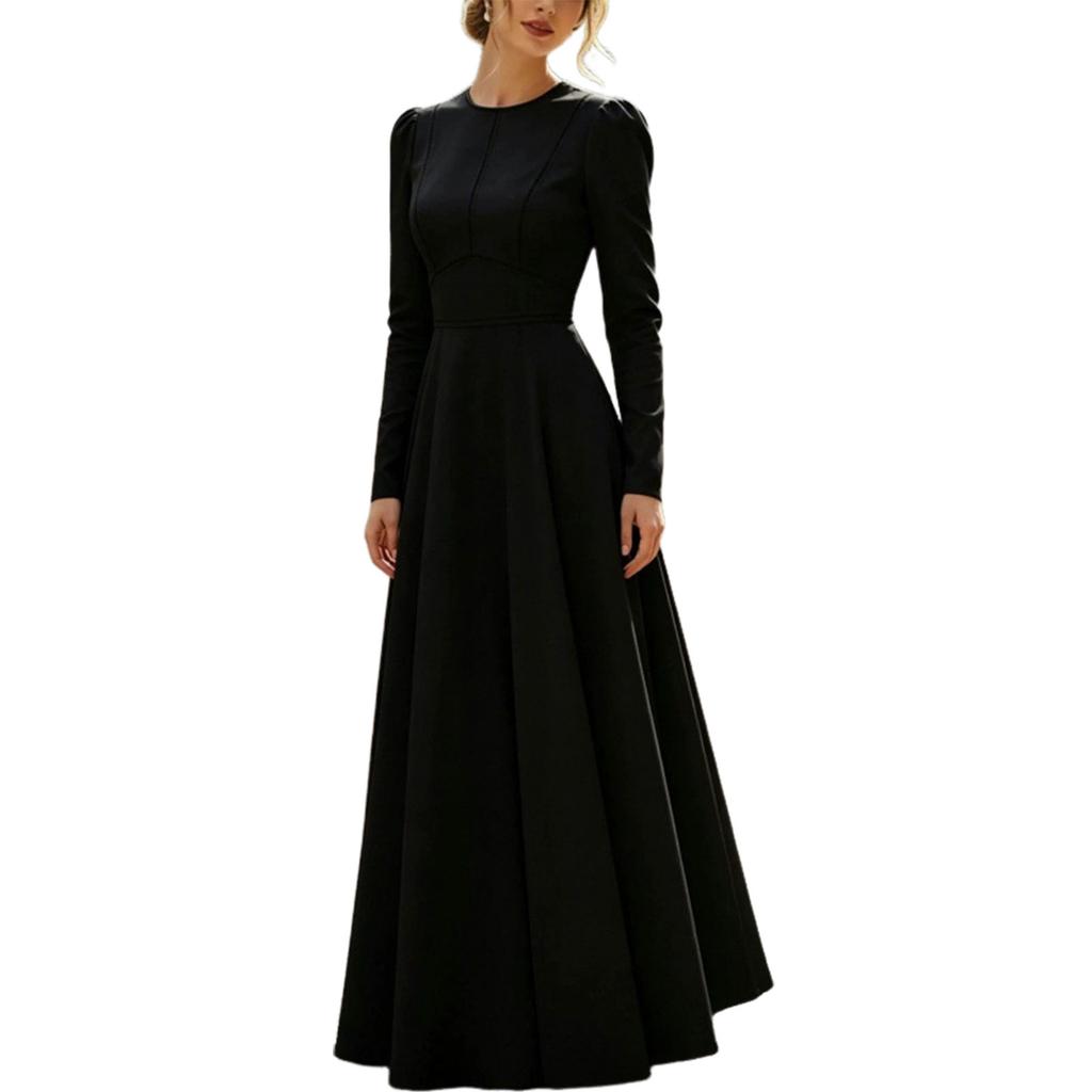 Damen Farb-Langarm-Rundhals-Kleid mit Reißverschluss am Rücken für den Herbst Elegant