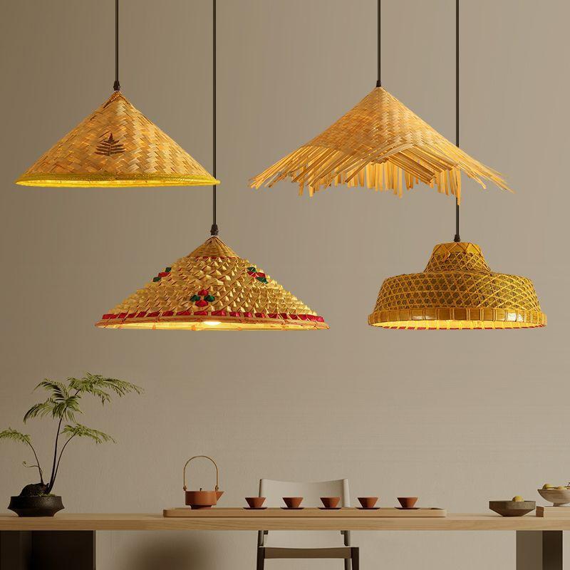 Bamboo Weaving Straw Hat Chandelier - Southeast Asian Wabi-Sabi Style Rattan Lampshade for Farmhouse Decor.