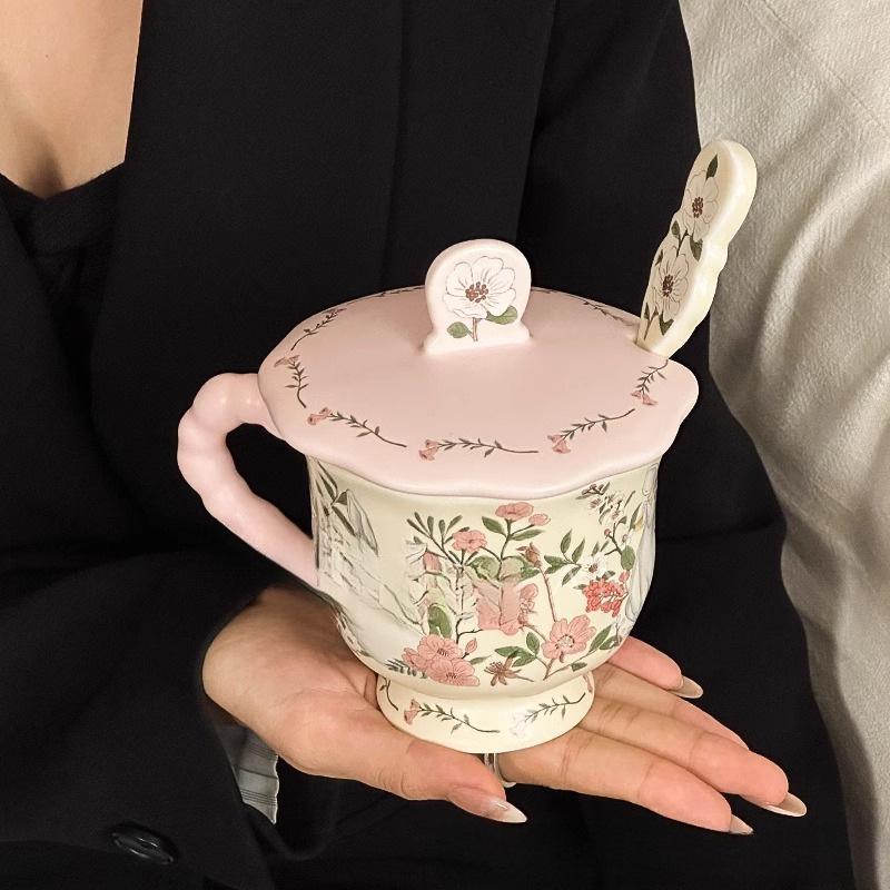 Large Ceramic Mug with Cute Rabbit and Flowers Design, Lid, and Spoon
