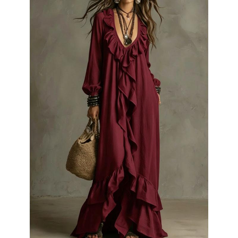 Autumn and winter European and American style casual bohemian style urban V-neck short-sleeved ruffle edge retro long-sleeved dress
