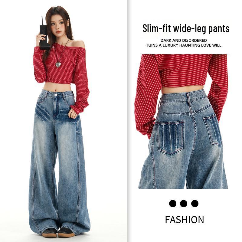 

Women s High-Waisted Retro Blue Wide-Leg Jeans with Color Block and Scratch Design – Spring Floor-Length Style Extra Small