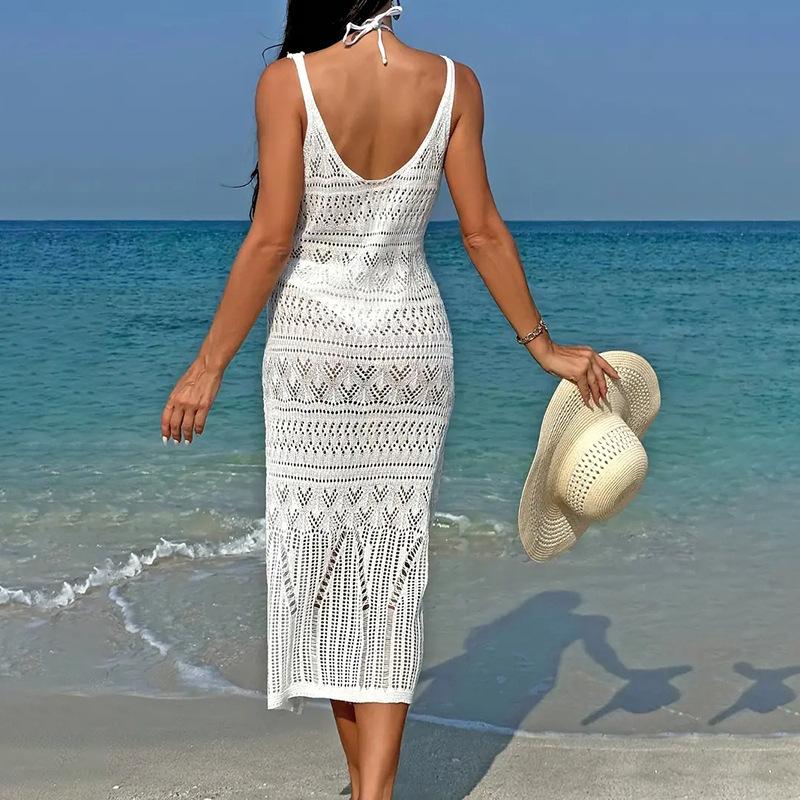 New Beach Blouse Sexy Hollow Knitted Long Suspender Backless Shirt Dress