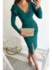 V-Neck Waist-Cinching Slit Solid Color Long Sleeve Dress