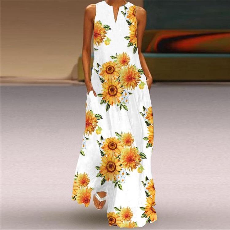 New Spring Summer Women Long Skirt Dress European American Fashion Print Pocket Design