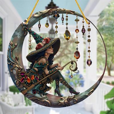 Halloween Moon Witch Hanging Decoration Stained Glass 2D Flat Acrylic Faux Crystal Pendant Witch Suncatcher Wall Window Hanging Sign Ornament