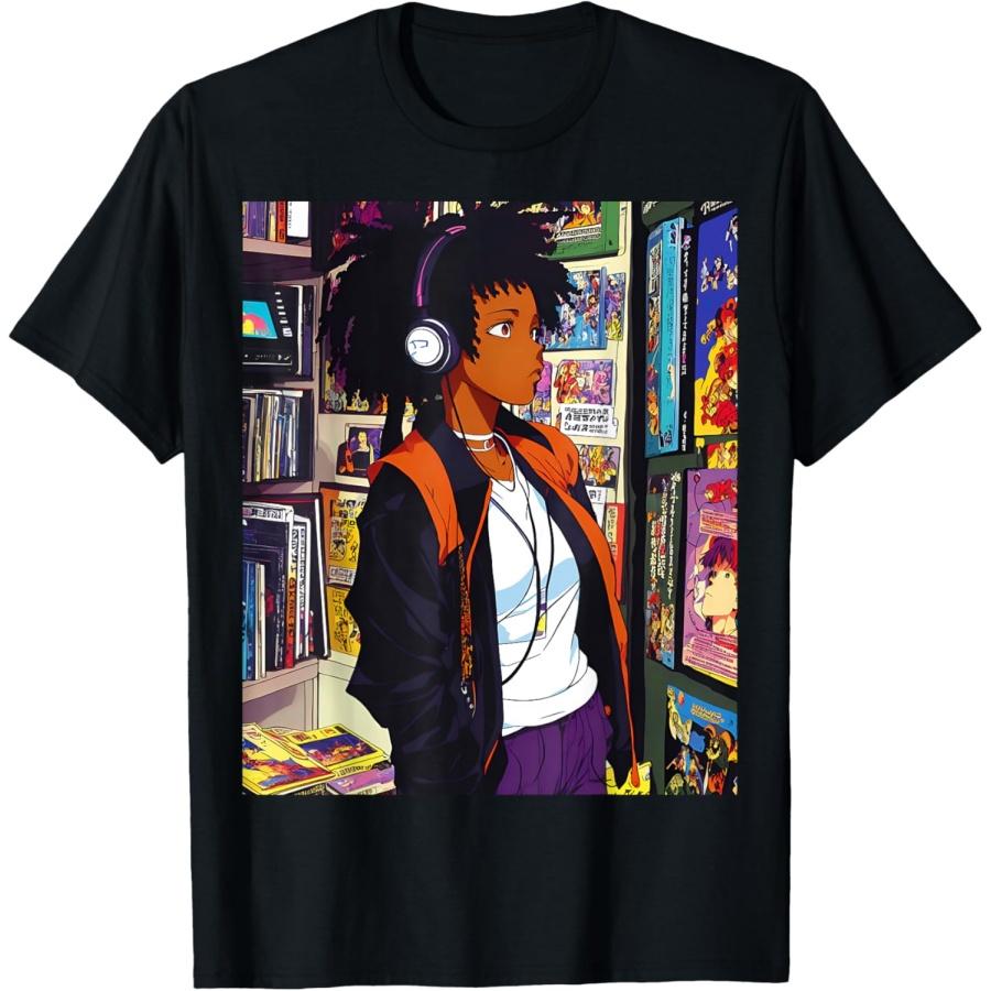 Аниме Черная девушка Лоу-фай Музыка 90-х Ретро Афро Мультяшная Футболка S