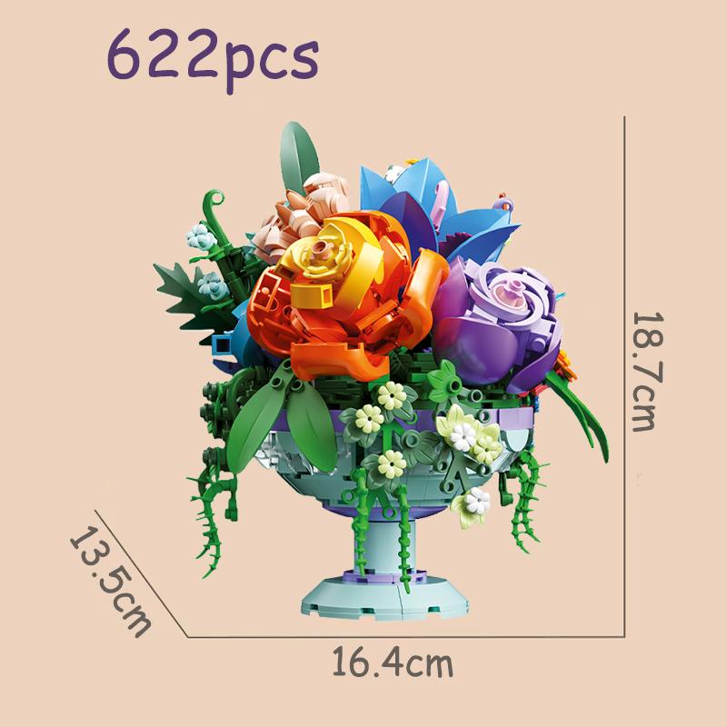 

Romantic Pretty Pink Flower Purple Bouquet With Vase Building Blocks Home Decoration For Children Educational Toys Holiday Gifts