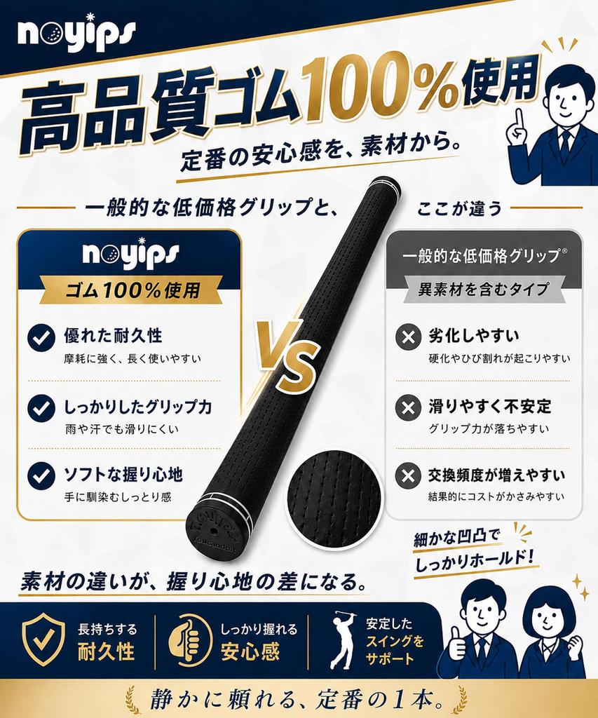 hibikurasu GOLF noyips Rubber Golf Grips, Black, No Backline, 58 mm, 10 Pieces