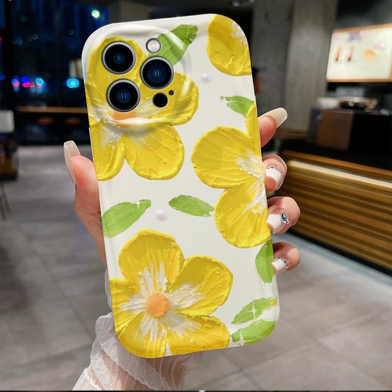 Yellow flower mobile phone case Apple 15promax women's cream pattern 14pro wavy pattern soft case iPhone13