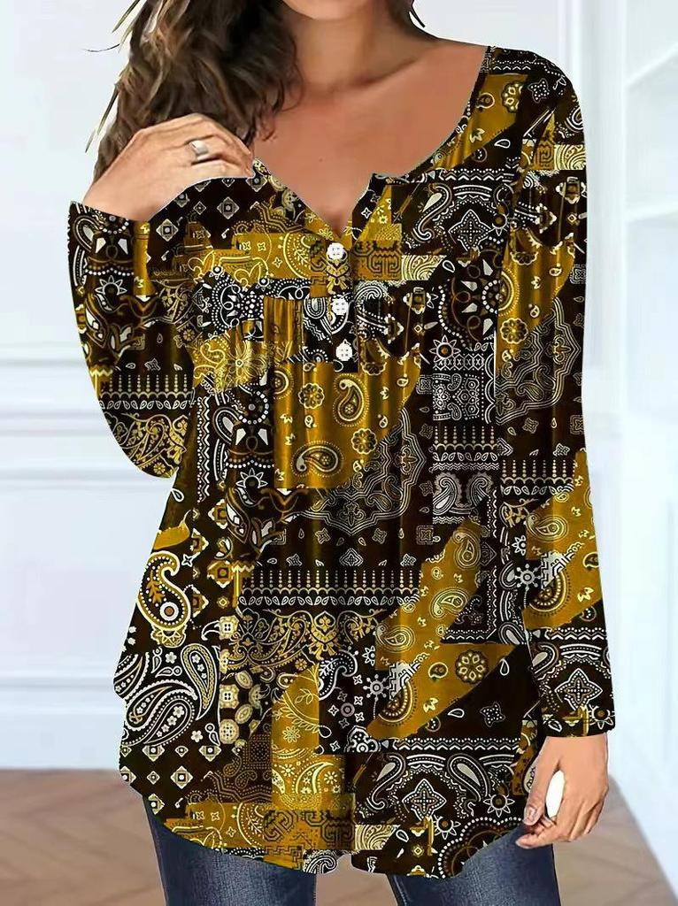 Elegant Plus Size Paisley V-Neck Button Top for Women