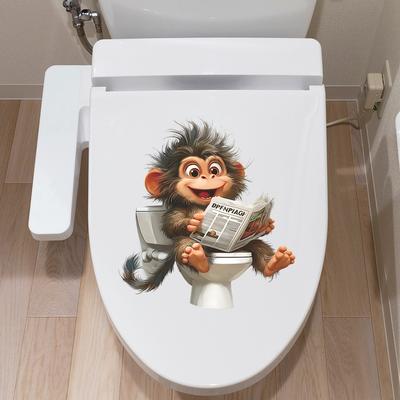Funny Monkey Reading Newspaper On Toilet Seat Sticker Bathroom Decor Removable Self-Adhesive Decal