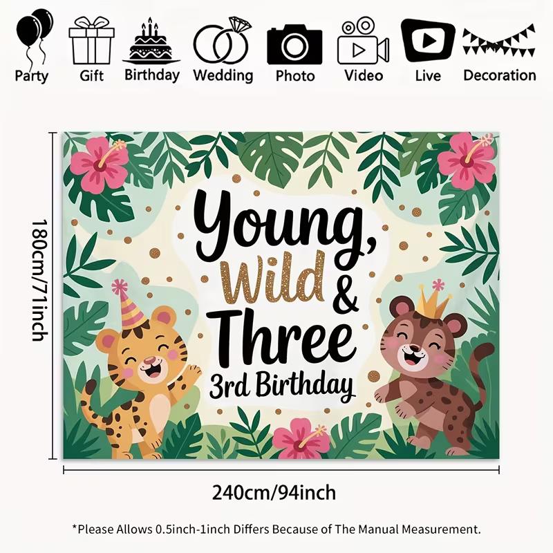 2D Young Wild & Three 3rd Birthday Backdrop Jungle Tiger Safari Photography Background Cloth