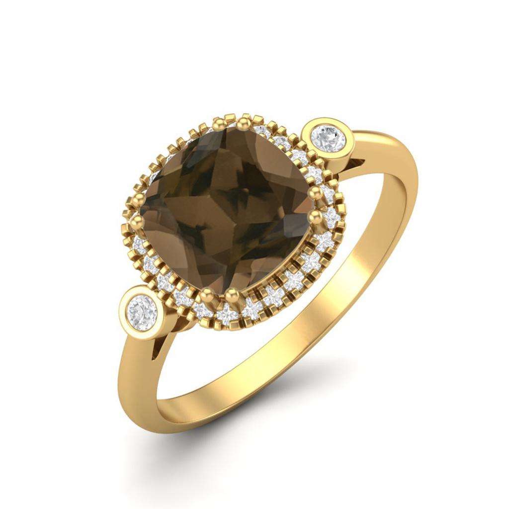 7mm Cushion Smoky Quartz 925 Sterling Silver Gold Vermeil Solitaire Accents Women Anniversary Ring