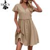 Abiti casual da donna moda estate primavera stampa tinta unita manica corta scollo a V vita centrale