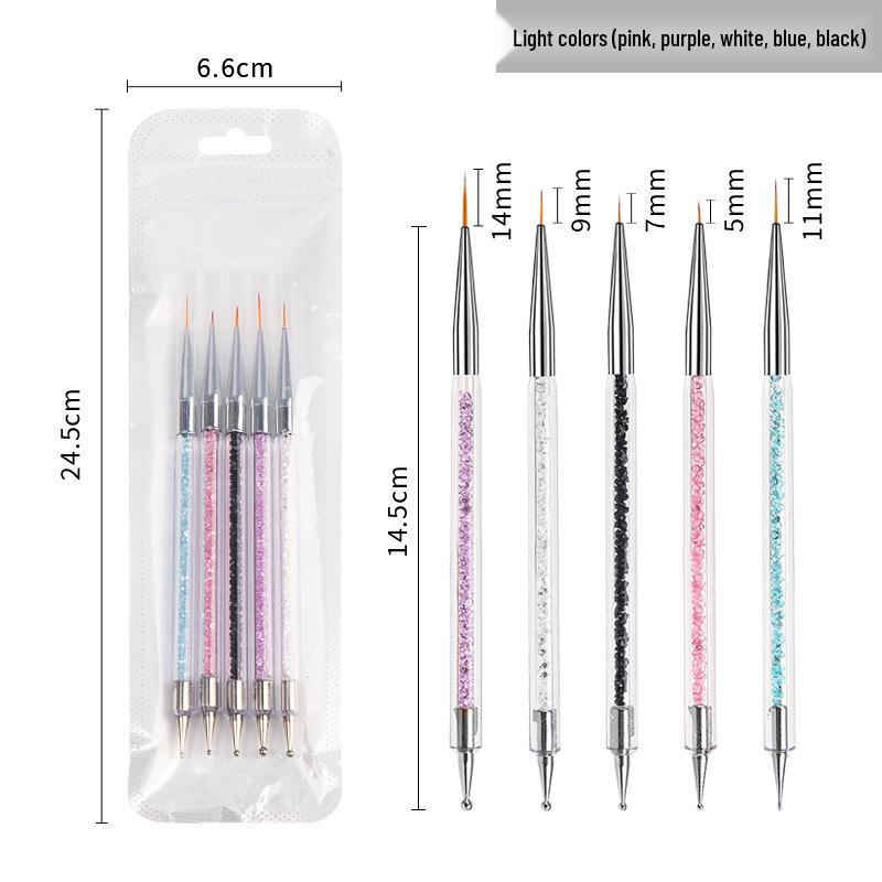 Nail Art Brush Set: 5-Piece Crystal Handle Double-Ended Dotting and Liner Brushes for Nail Painting