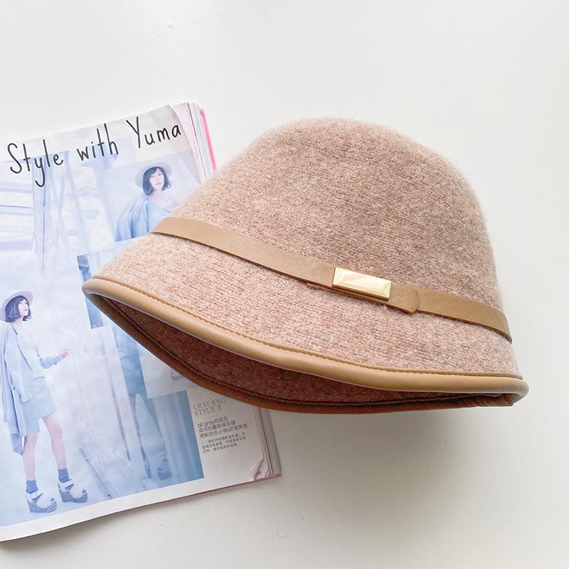 Top Hat Women's Warm Bucket Hat Autumn and Winter Retro Wool Woolen Temperament Basin Hat Front Length and Back Short Brim