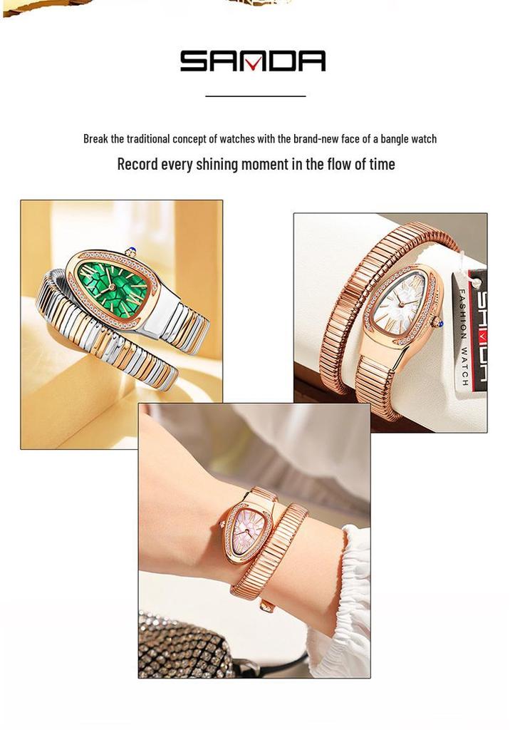 SANDA Women's Luxury Snake Head Bracelet Watch with Roman Mother-of-Pearl Dial, Diamond Accents, English Two-Hand, 30M Water Resistant.