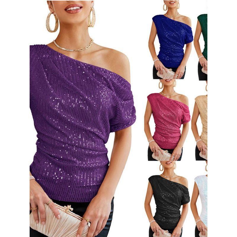 

Amazon Fashion Cross-Border Foreign Trade Independent Station 2024 Spring/Summer New Arrival Women s Shoulder Sequin Pleated Short Sleeves Tops Black S