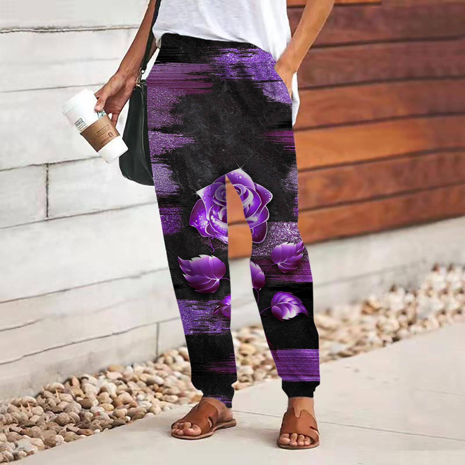 

Женские брюки с принтом фиолетовой розы 3D, свободные брюки со шнуровкой и эластичным поясом, повседневные длинные брюки с карманами 8XL светло-фиолетовый
