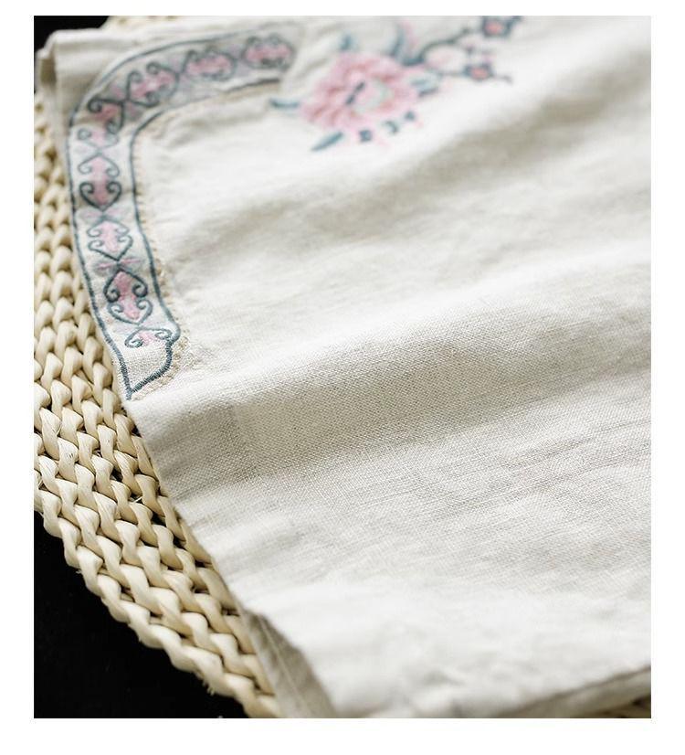 Tide Women's Spring Elastic Waist Cotton Linen Straight Leg Pants with Retro Embroidery