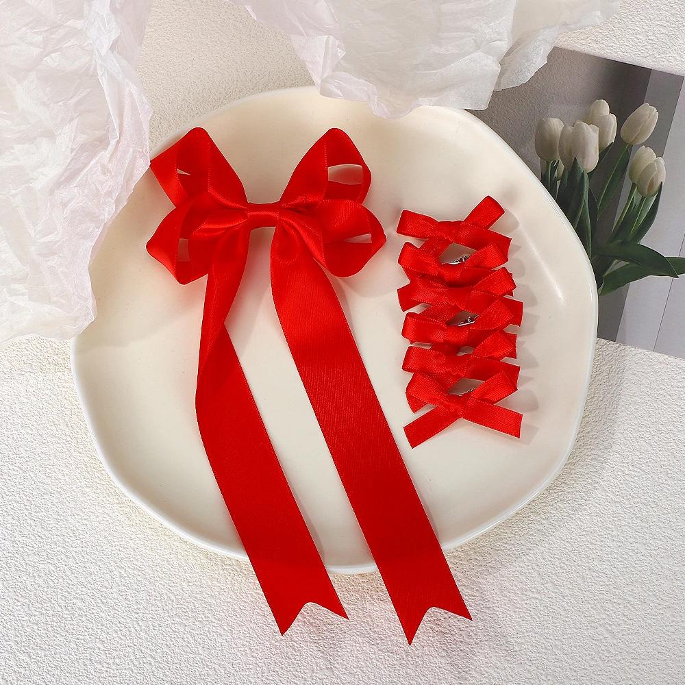 7 Stück/Set Elegante Lange Satinband Schleife Band Haarspange Solide Haarklammern Haarnadel Retro Stirnband Clips für Mädchen Haarschmuck